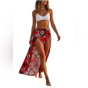 New Forever 21 Red Black White Floral Built in Swim Bottom Coverup Large-Tall